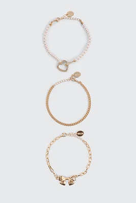 Ardene 3-Pack Heart & Bow Bracelets in Gold