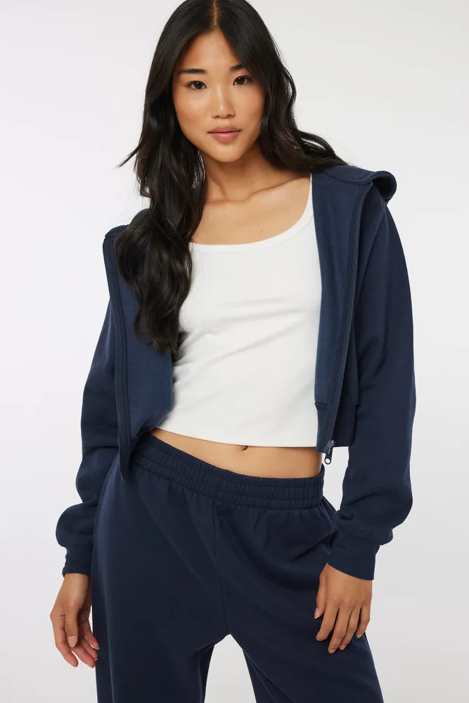 Ardene Crop Zip-Up Hoodie in Dark, Size, Polyester/Cotton, Fleece-Lined, Eco-Conscious