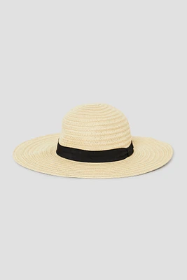 Ardene Wide Brim Straw Hat with Ribbon in Beige