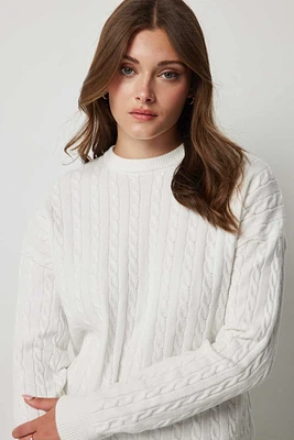 Ardene Long Cable Sweater in White | Size Large | Polyester/Nylon