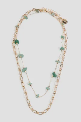 Ardene Two-Row Necklace with Green Stones in Gold