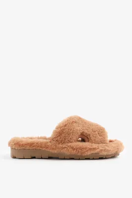 Ardene H-Band Faux Fur Slippers in Beige | Size | Rubber