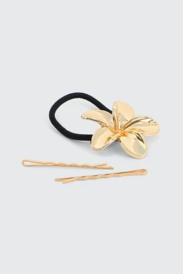 Ardene Hibiscus Hair Tie & Pin Set in Gold