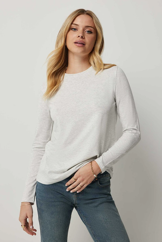 Ardene Basic Long Sleeve Crew Neck T-Shirt in Light Grey | Size | Cotton/Elastane | Eco-Conscious