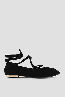 Ardene Lace Up Pointy Toe Flats in Black | Size | Faux Suede