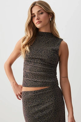 Ardene Printed Mesh Mock neck Top in | Size | Polyester/Spandex