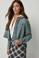 Ardene Crop Oversized Denim Shirt in Medium Blue | Size Medium | 100% Cotton