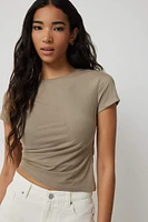 Ardene Asymmetric Ruched Side T-Shirt in Beige | Size | Polyester/Elastane