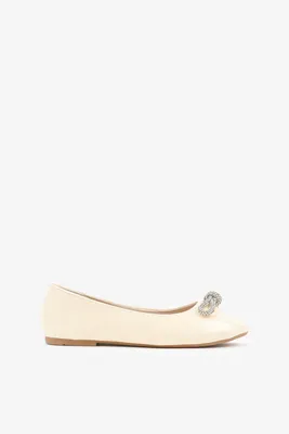 Ardene Ballet Flats with Rhinestone Bow Embellishment in Beige | Size | Faux Leather