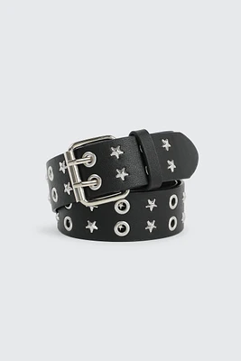 Ardene Star Eyelet Belt in Black | Size | Faux Leather