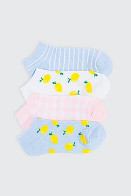 Ardene 4-Pack Lemon & Stripe Ankle Socks in Light Blue | Polyester/Spandex