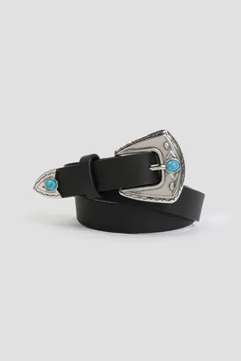 Ardene Western Belt with Turquoise Stones in Black | Size Small | Faux Leather