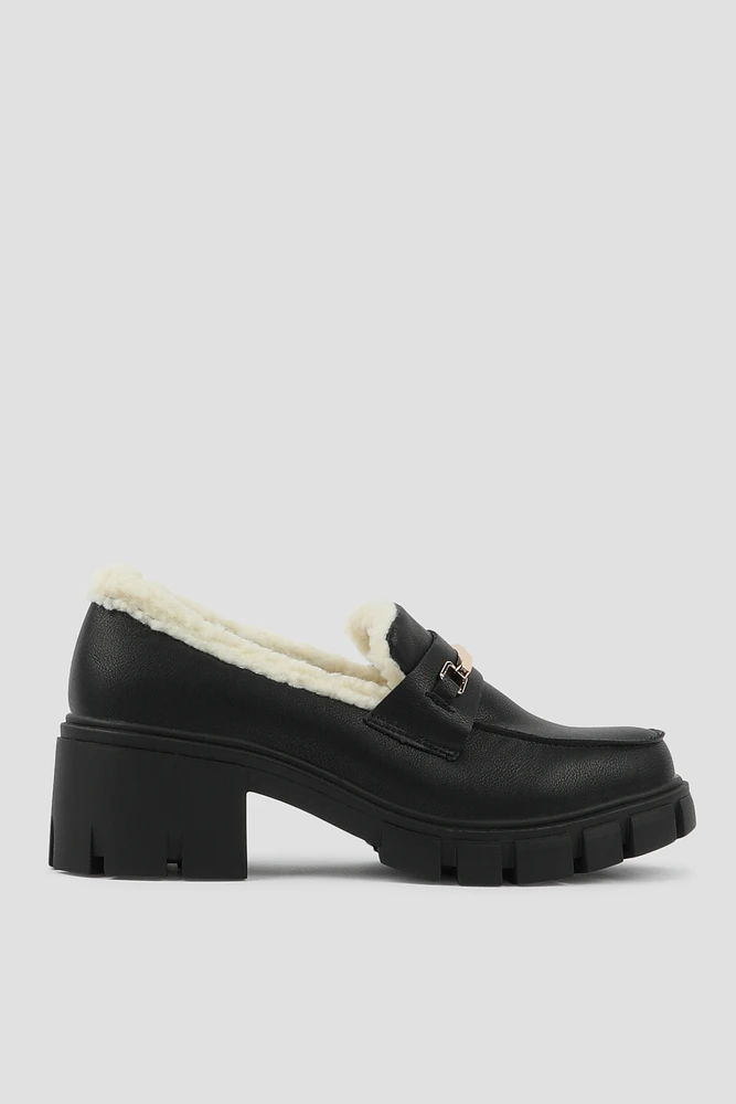 Ardene Fur Lined Lug Sole Loafers in Black | Size | Faux Leather