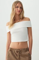 Ardene Rib Off Shoulder Crop Top in White | Size | Cotton/Elastane