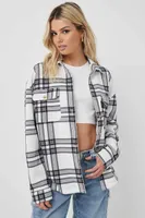 Ardene Plaid Polar Fleece Shacket in Grey | Size Large | Polyester