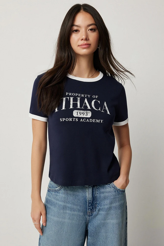 Ardene Ringer T-Shirt with Lettering in Dark Blue | Size | 100% Cotton