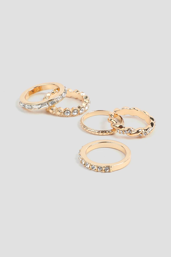 Ardene 5-Pack Assorted Rings with Stone Embellishment in Gold | Size