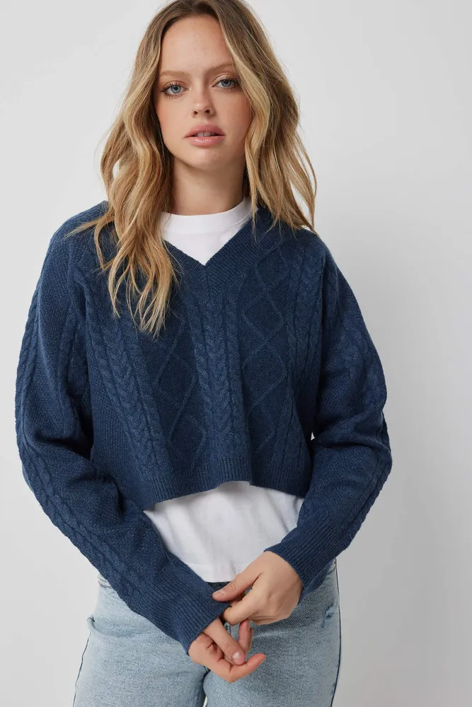 Ardene Cable Knit V-Neck Sweater in Dark Blue | Size Small | Polyester/Spandex