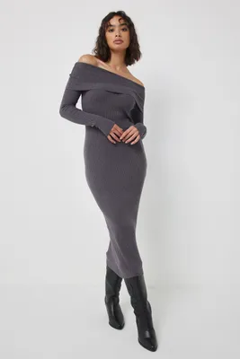 Ardene Off Shoulder Bodycon Midi Dress in Grey | Size Large | Polyester/Elastane/Polyamide