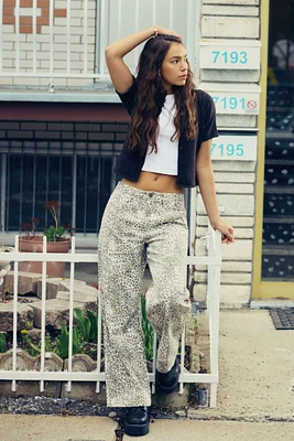 Ardene Printed Mid Rise Carpenter Wide Leg Pants in Beige | Size | 100% Cotton