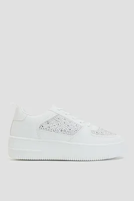 Ardene White Platform Sneakers with Crystals | Size | Faux Leather
