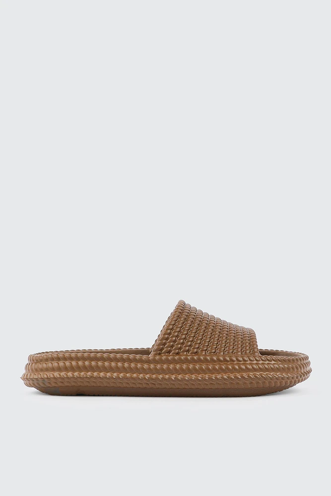 Ardene Textured Slides in Brown | Size | Eco-Conscious
