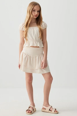 Ardene Kids Short Tiered Skirt with Lace Trims in Beige | Size | Polyester/Elastane