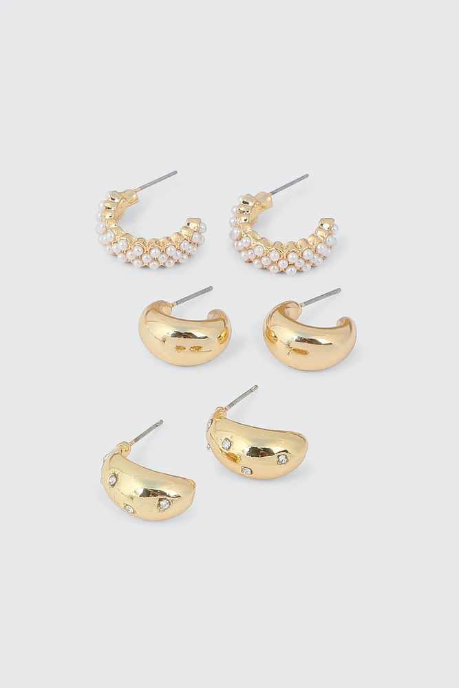 Ardene 3-Pack Pearl & Stone Hoop Earrings in Gold | Stainless Steel