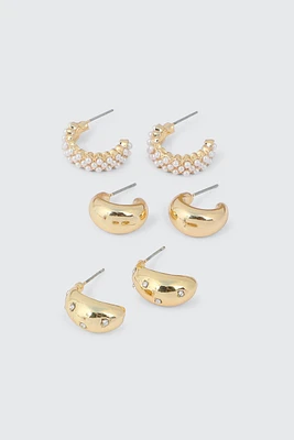 Ardene 3-Pack Pearl & Stone Hoop Earrings in Gold | Stainless Steel