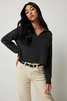 Ardene Moss Stitch Johnny Collar Sweater in Dark Grey | Size | Polyester/Elastane | Eco-Conscious