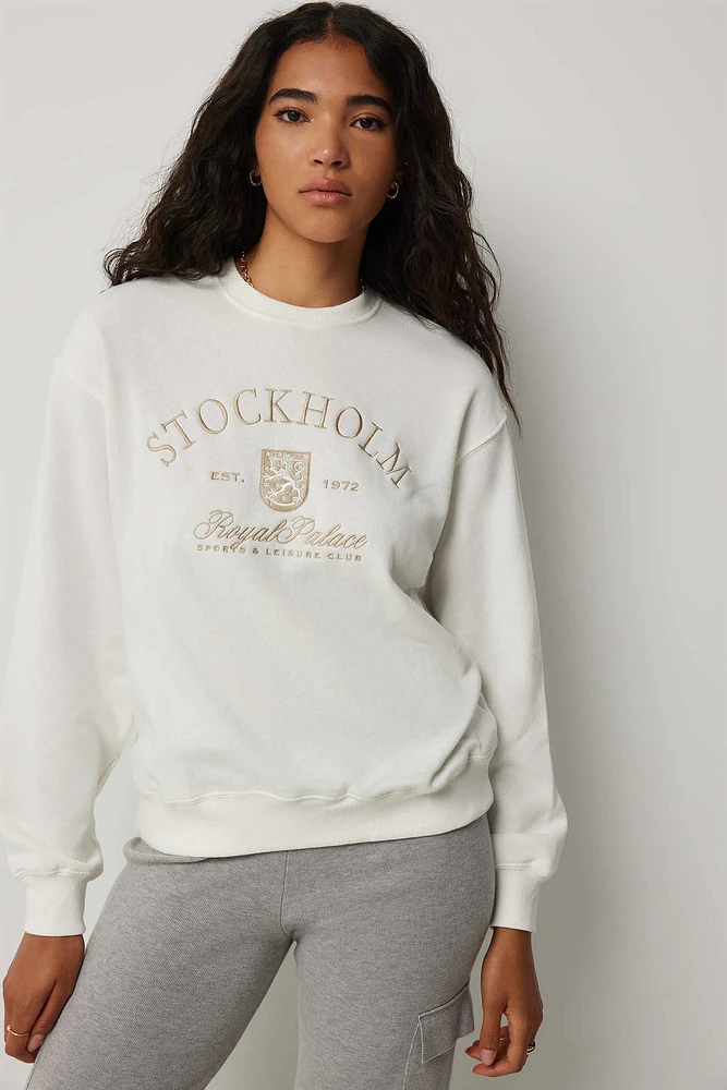 Ardene European Destination Sweatshirt in White | Size | Fleece-Lined