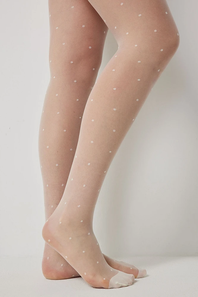 Ardene Sheer Polka Dot Tights in White | Size | Nylon/Spandex