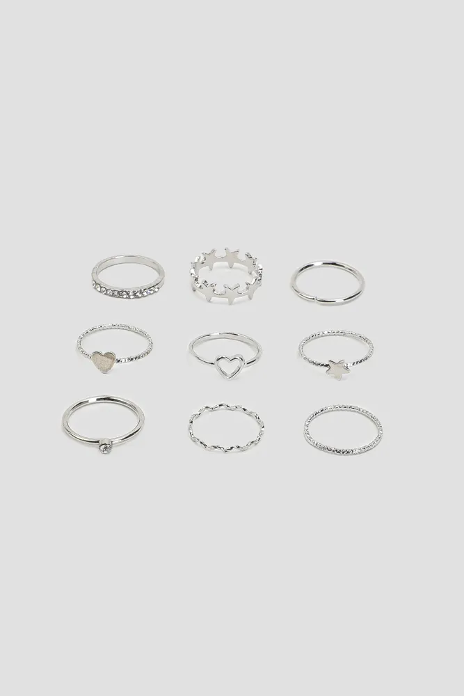 Ardene 9-Pack Heart & Star Rings in Silver | Size Small