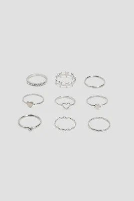 Ardene 9-Pack Heart & Star Rings in Silver | Size Small