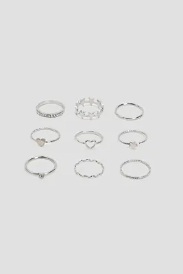 Ardene 9-Pack Heart & Star Rings in Silver | Size