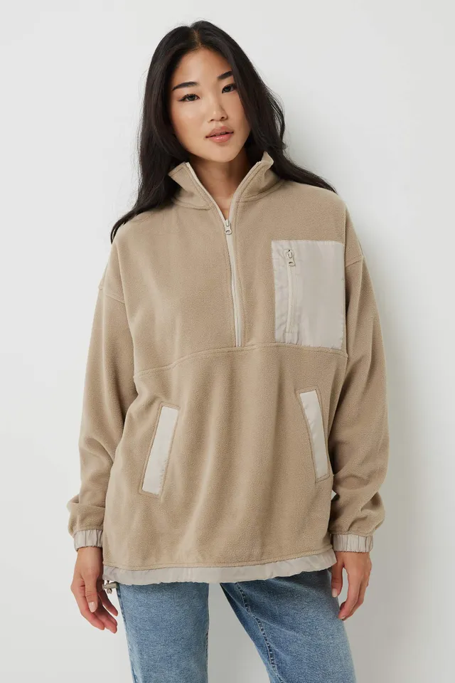 Ardene Embroidered Oversized Half Zip Sweatshirt in, Size, Polyester/ Cotton, Fleece-Lined