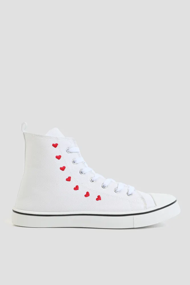 Ardene High Top Sneakers with Heart Embroideries in White | Size | Eco-Conscious