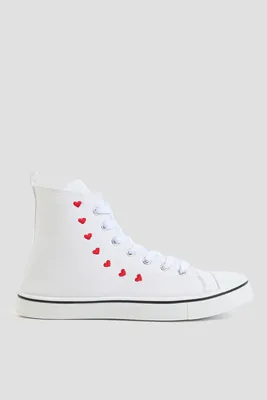 Ardene High Top Sneakers with Heart Embroideries in White | Size | Eco-Conscious