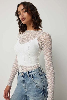 Ardene Long Sleeve Lace Top in White | Size