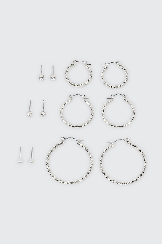 Ardene 6-Pack Twisted Hoop & Stud Earrings in Silver | Stainless Steel | Eco-Conscious