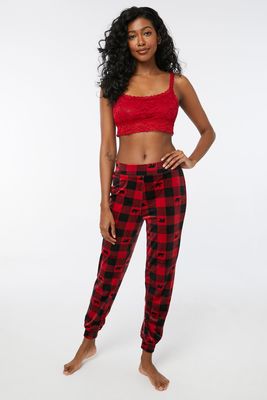 Ardene Buffalo Plaid Velour PJ Joggers in Red | Size | Polyester/Spandex