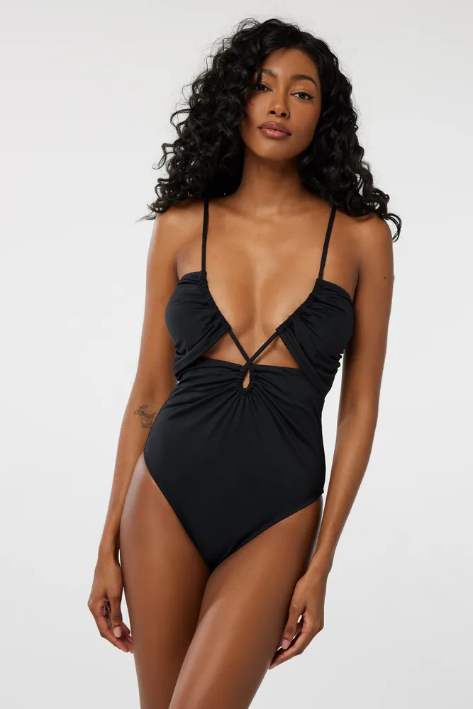 Ardene Cutout Plunge One-Piece Swimsuit in Black, Size, Polyester/Nylon/Spandex, Microfiber