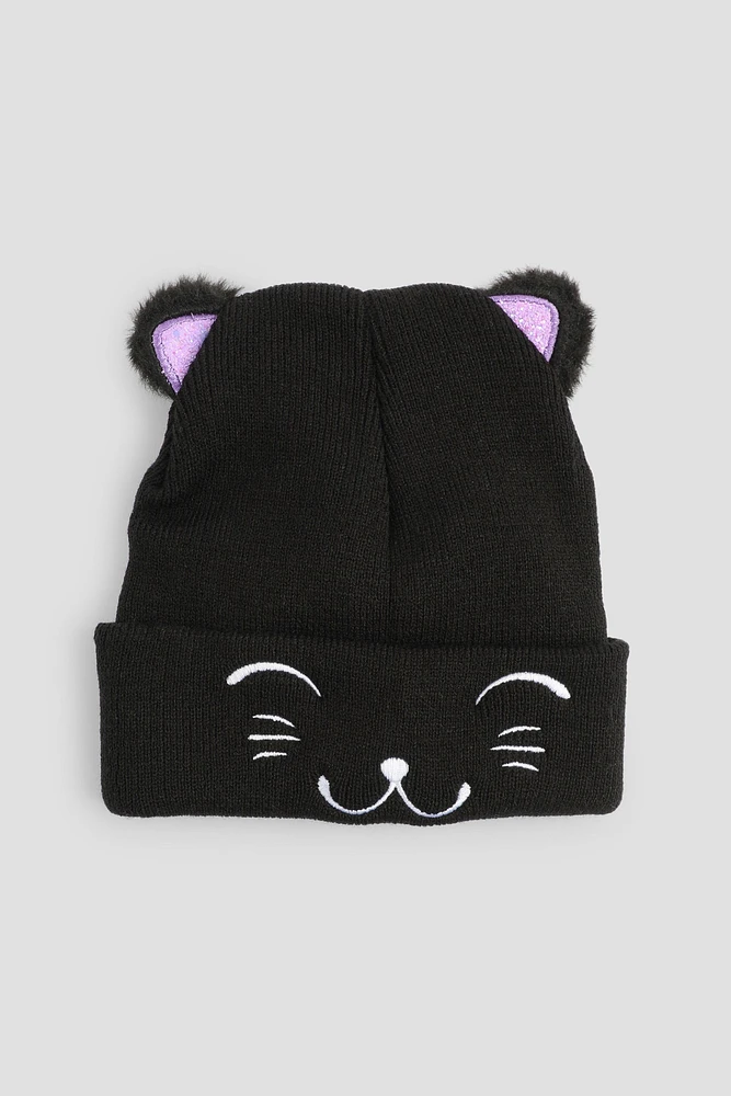 Ardene Kids Cat Face Beanie in Black | 100% Acrylic