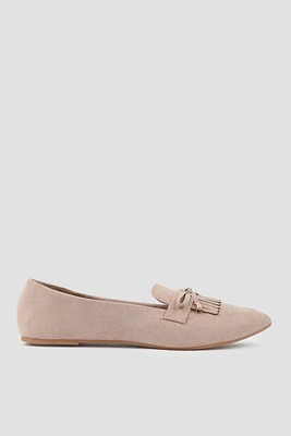 Ardene Pointy Toe Flats with Fringe in Beige | Size | Polyester/Faux Suede | Eco-Conscious