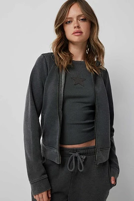 Ardene Washed Mock Neck Zip-Up Sweatshirt in Dark Grey | Size | Polyester/Cotton