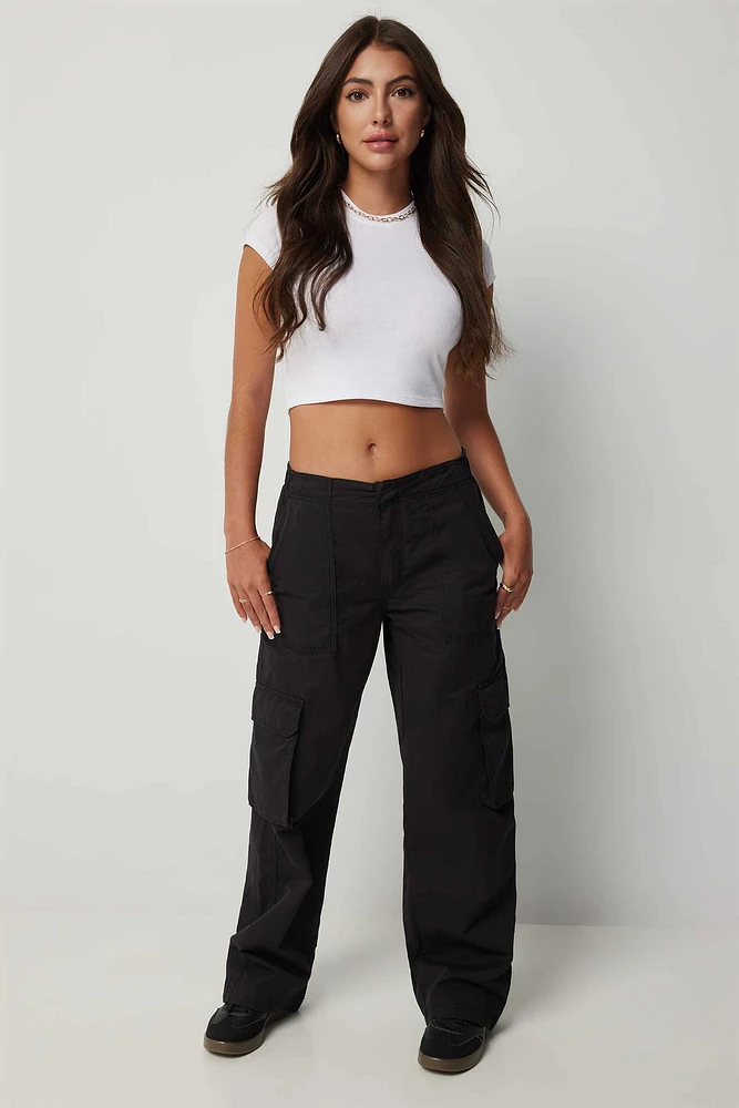 Ardene Regular Rise Cargo Parachute Pants in Black | Size | Nylon/Cotton