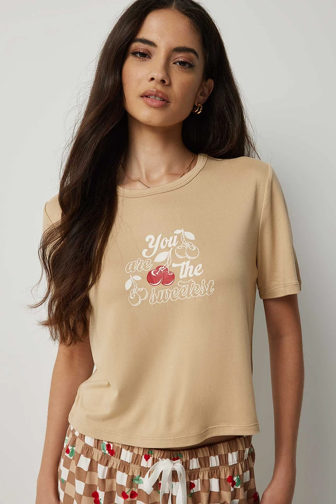Ardene Graphic Boxy PJ Top in Beige | Size | Polyester/Spandex