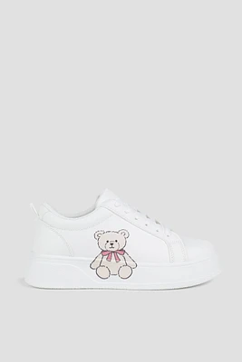 Ardene Teddy Bear Tennis Sneakers in White | Size | Faux Leather | Eco-Conscious