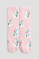 Ardene Snowman Cozy Socks in Light Pink | Polyester/Spandex