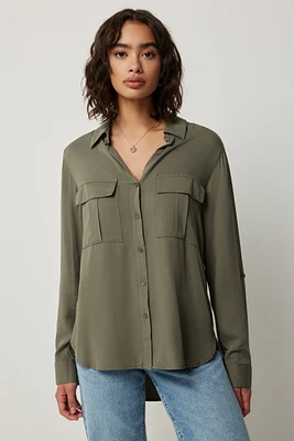 Ardene Relaxed Utility Shirt in Khaki | Size | Rayon